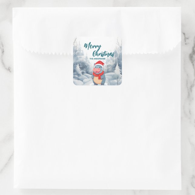 Sticker Carré Joyeux hippo Joyeux sapin neige Fête de vacances (Sac)