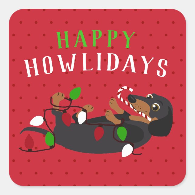 Sticker Carré Joyeux HOWLidays Noël mignon Dachshund (Devant)