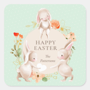 Sticker Carré Joyeux lapins lapins de Pâques Floral Personnalisé