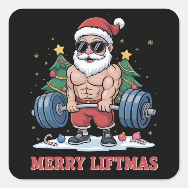 Sticker Carré Joyeux Liftmas Poids Père Noël Fitness Gym (Devant)