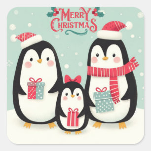 Sticker Carré Joyeux manchots enneigés de Noël