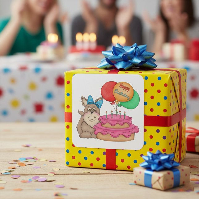 Sticker Carré Joyeux Marionnette mignonne avec ballons et gâteau (Créateur téléchargé)