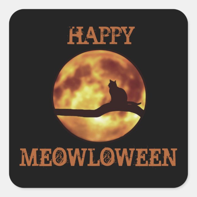 Sticker Carré Joyeux MEOWloween Lune Chat Noir Silhouette Pun (Devant)
