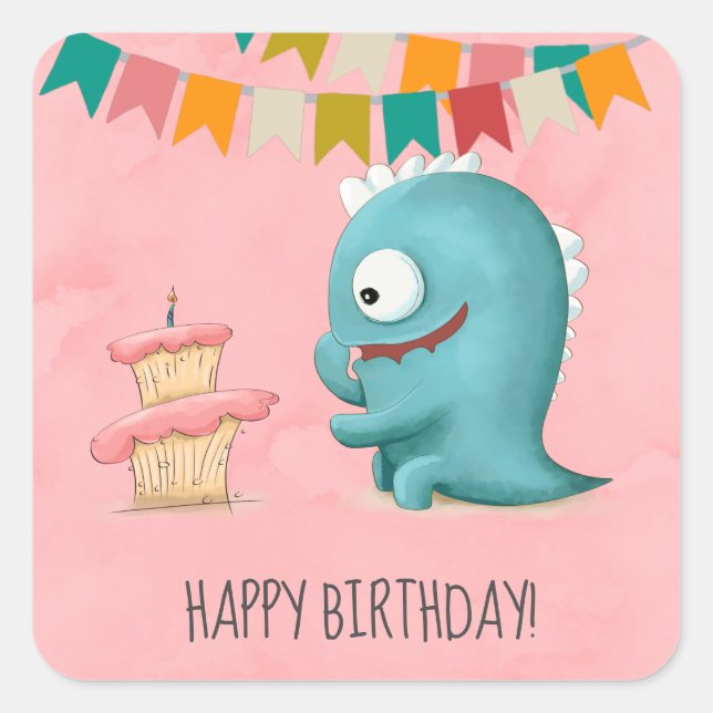 Sticker Carré Joyeux Monstre et gâteau d'anniversaire (Devant)