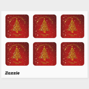 Sticker Carré Joyeux Noël 20XX Red Gold Tree étoiles