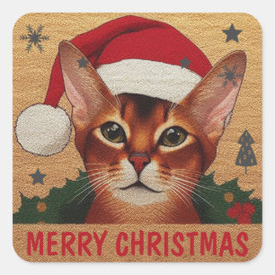 Sticker Carré Joyeux Noël Abyssinian Chat, Noël Père Noël Kitten