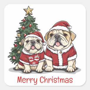 Sticker Carré Joyeux Noël anglais Bulldog Santa Hats