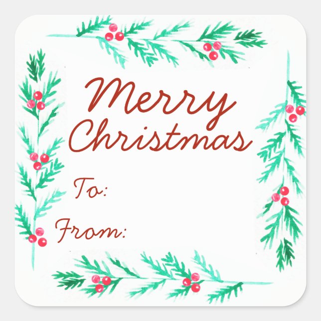 Sticker Carré Joyeux Noël Aquarelle Pine Sprig & Berries (Devant)