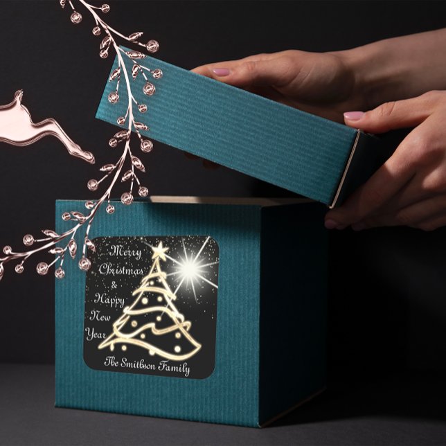 Sticker Carré Joyeux Noël Arbre Joyeux Nouvel An Or Noir (Merry Christmas Tree Happy New Year Gold Black Square Sticker)