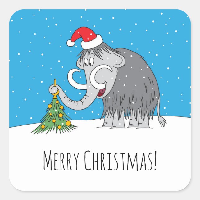 Sticker Carré Joyeux Noël Arbre mignon Mammoth Santa Hat (Devant)