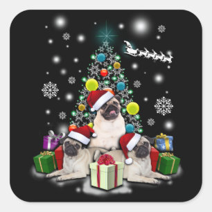 Sticker Carré Joyeux Noël avec Carlin chien animal
