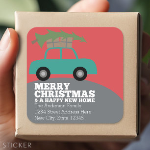 Sticker Carré Joyeux Noël avec nouvelle adresse résidentielle Dé