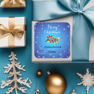 Sticker Carré Joyeux Noël Baies de houx rouge bleu givré 