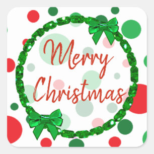 Sticker Carré Joyeux Noël blanc, Pois verts rouges
