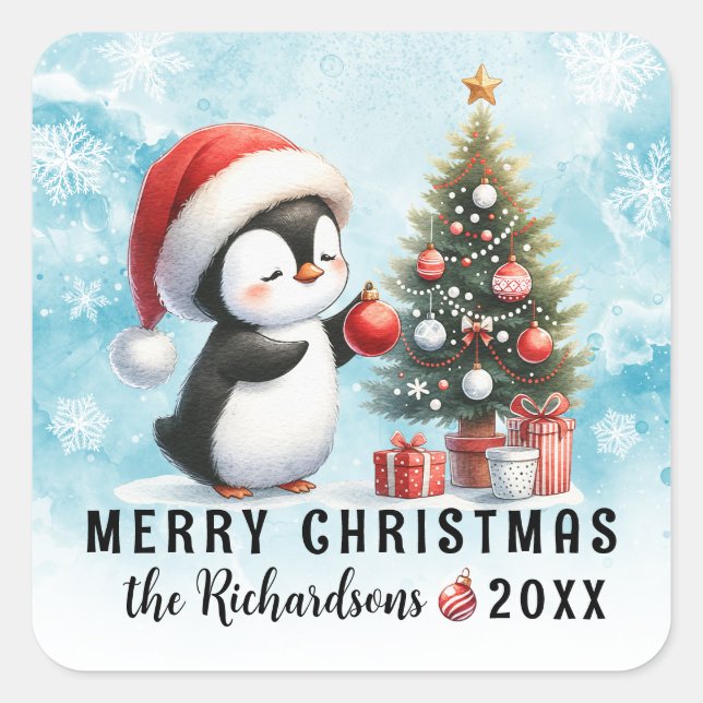 Sticker Carré Joyeux Noël Bleu Rouge Cute Penguin Famille (Devant)