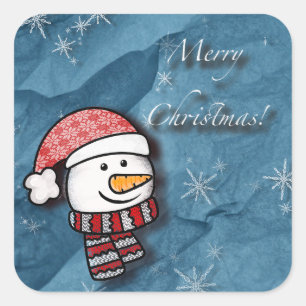 Sticker Carré Joyeux Noël, bonhomme de neige avec des vêtements