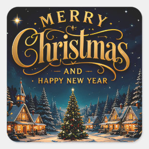 Sticker Carré Joyeux Noël Bonne Année Village enneigé