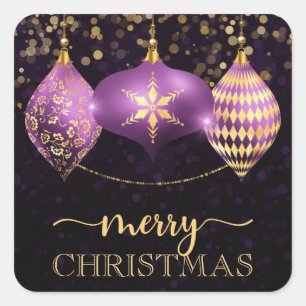 Sticker Carré Joyeux Noël Boule Élégante Violette et Dorée