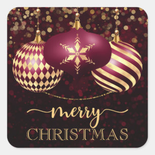 Sticker Carré Joyeux Noël Boules Élégantes Bourgogne et Or