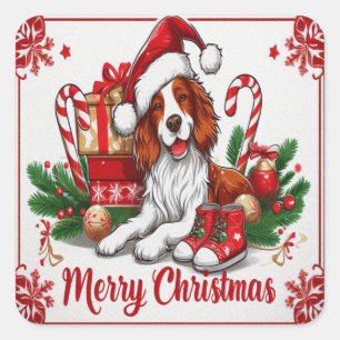 Sticker Carré Joyeux Noël Brittany Chien avec Noël Noël Noël Noë