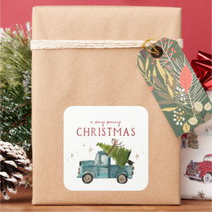 Sticker Carré Joyeux Noël Camion Bleu de Fêtes à l'Aquarelle
