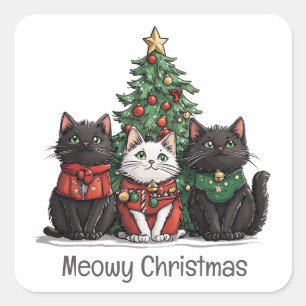 Sticker Carré Joyeux Noël Chats Arbre de Fêtes