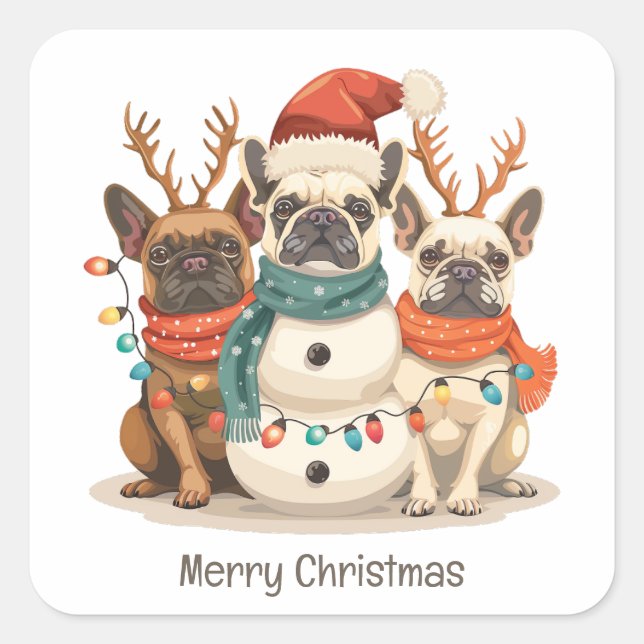 Sticker Carré Joyeux Noël Chiens de rennes Français (Devant)