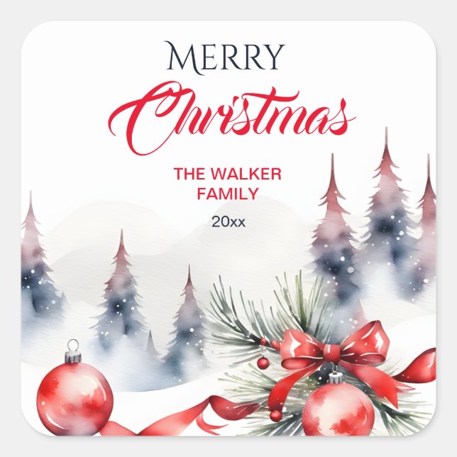 Sticker Carré Joyeux Noël classique Baubles rouges et pins (Devant)