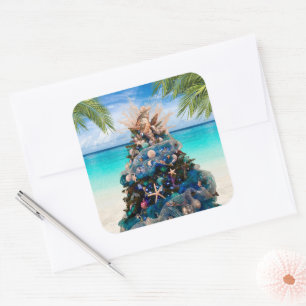 Sticker Carré Joyeux Noël côtier Plage tropicale Holiday Tree
