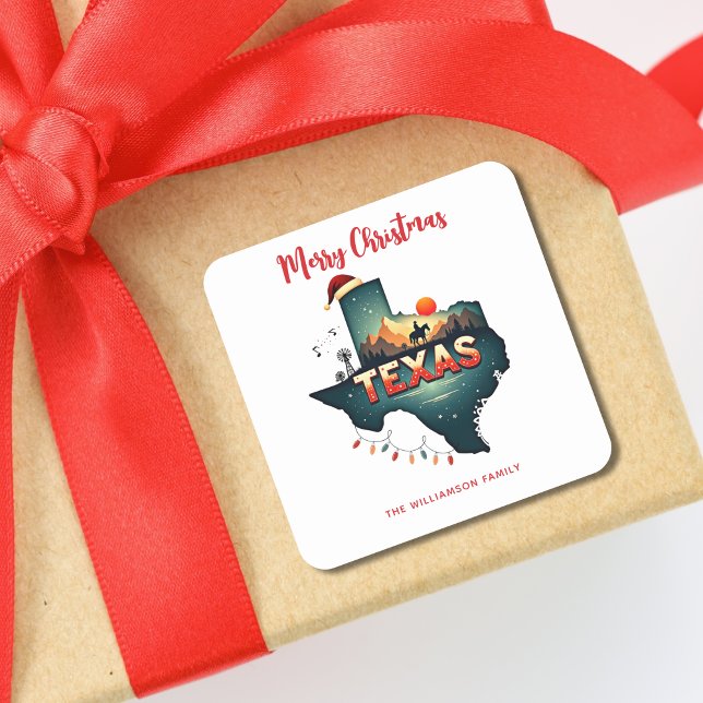 Sticker Carré Joyeux Noël de l'état du Texas (Edit Name and/or Text, or delete.  Matching items in collection.)