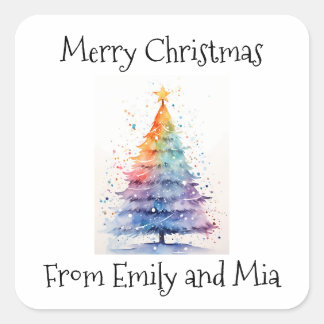 Sticker Carré Joyeux Noël de Rainbow Watercolor Tree