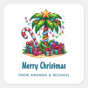 Sticker Carré Joyeux Noël des palmiers de vacances tropicaux