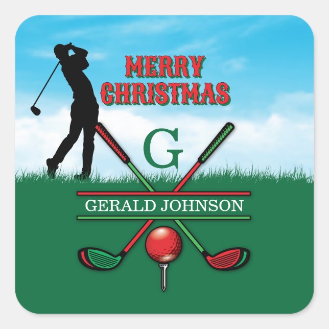Sticker Carré Joyeux Noël Dessin de golf de vacances personnalis (Devant)