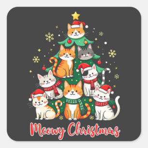 Sticker Carré Joyeux Noël Drôle Catmas Kitten Xmas Tree