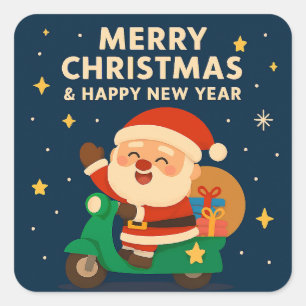Sticker Carré Joyeux Noël et Bonne Année - Père Noël
