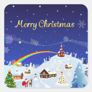 Sticker Carré Joyeux Noël et Rainbow Père Noël