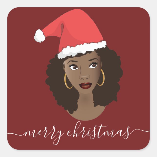 Sticker Carré Joyeux Noël, Femme noire, Santa Hat, Rouge (Devant)