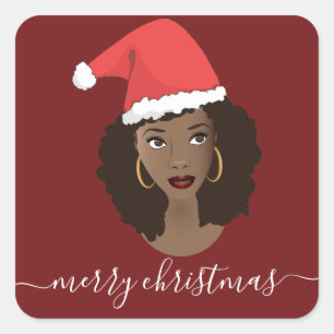 Sticker Carré Joyeux Noël, Femme noire, Santa Hat, Rouge