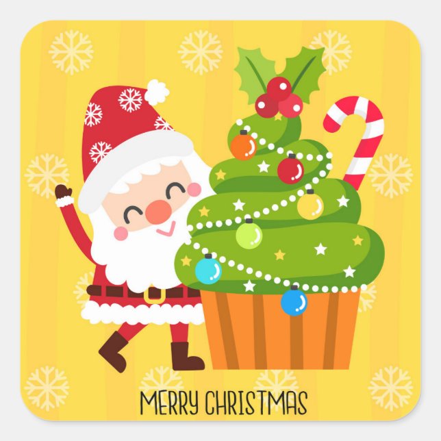 Sticker Carré Joyeux Noël Festif Père Noël Cupcake (Devant)