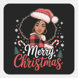 Sticker Carré Joyeux Noël Fille Africaine Noire Chapeau de Père 