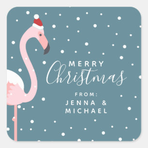 Sticker Carré Joyeux Noël   Flamant rose Tropical de vacances