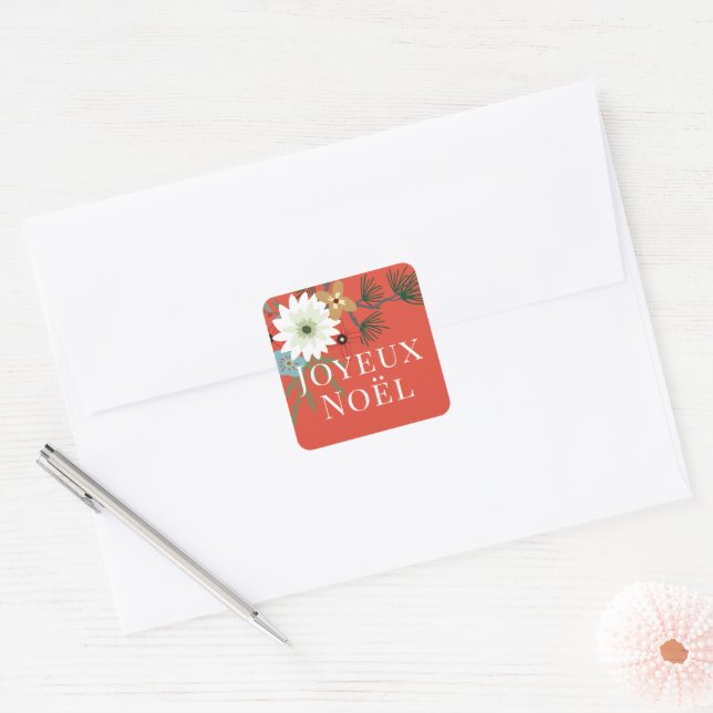 Sticker Carré Joyeux Noël Fleurs d'hiver Noël (Enveloppe)