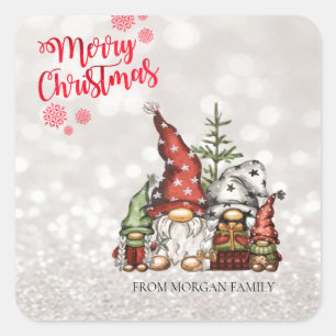 Sticker Carré Joyeux Noël, Flou scintillant, Famille de gnomes m