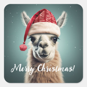 Sticker Carré Joyeux Noël Funky Mignonne Lllama Alpaca Santa Hat