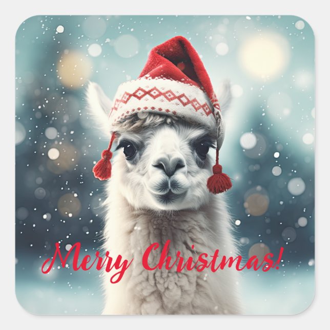 Sticker Carré Joyeux Noël Funky Mignonne Lllama Alpaca Santa Hat (Devant)