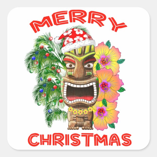Sticker Carré Joyeux Noël Funny Père Noël Tiki (Devant)
