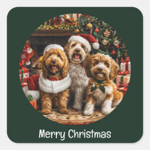 Sticker Carré Joyeux Noël Goldendoodle Chiens de chiot