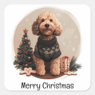 Sticker Carré Joyeux Noël Goldendoodle Chiens de chiot
