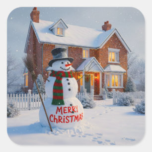 STICKER CARRÉ JOYEUX NOËL GRANDE BONHOMME DE NEIGE SCÈNE D'HIVER