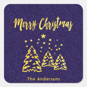 Sticker Carré Joyeux Noël hiver forêt bleu parties scintillant o